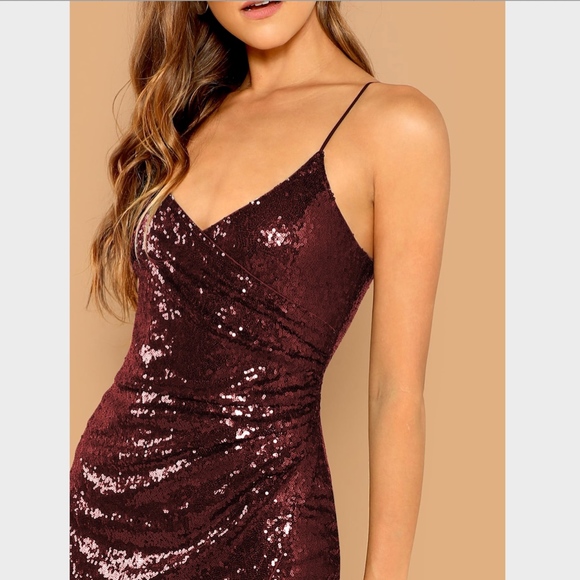 Surplice Wrap Sequin Cami Mini Dress Burgundy - Picture 3 of 7